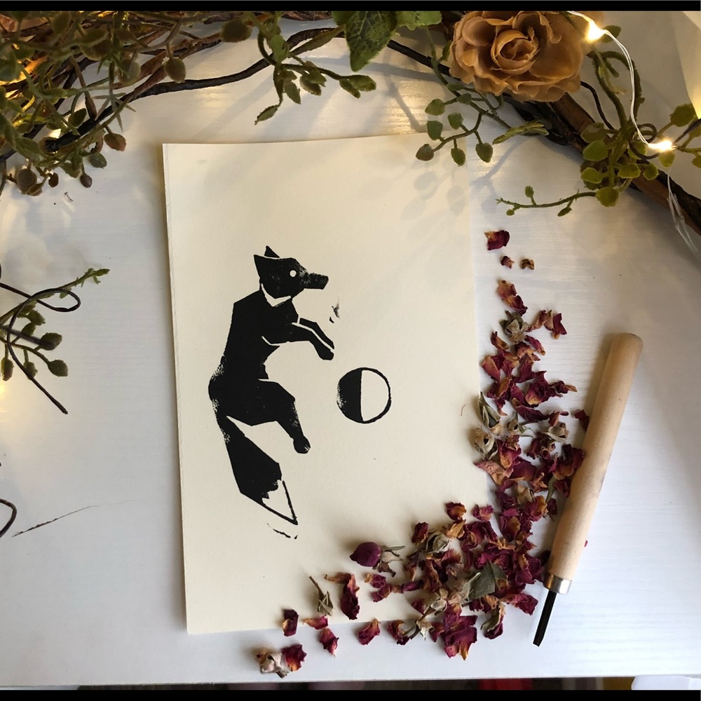 Linoleum Prints Hand Made Fox & Moon - Picture 3 of 5